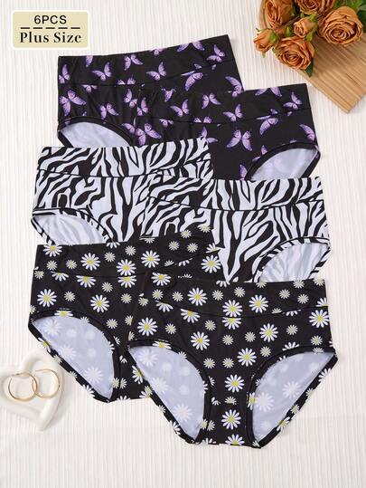 6pcs Plus Size Black Base Butterfly Print Comfortable High Waist Briefs