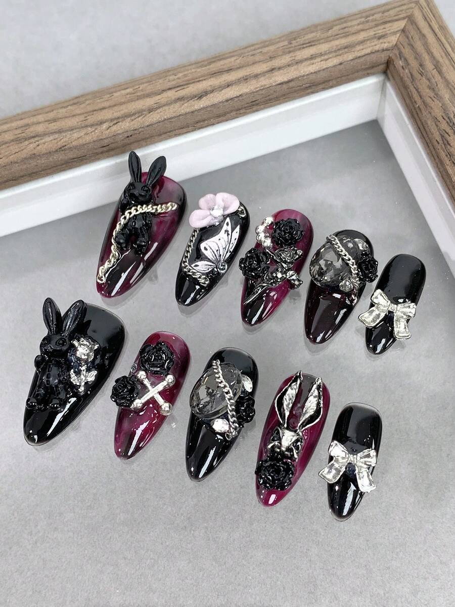 杏仁形黑色辣妹风手工美甲贴，适合日常、派对、聚会和舞会等场合。美甲用品 - 彩色 - 查看 1