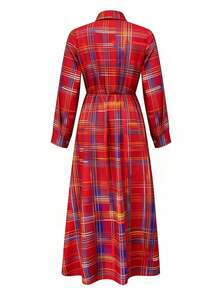 Women's Autumn/Winter Fashion Multi-Color Plaid Retro Long Dress, Oversized Skirt Design, Stylish Button Fitted Lapel Shirt Dress, Perfect Choice For Parties And Events (Belt Not Included) - Red - View 6