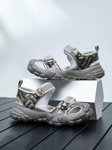 1 Pair Boys' Summer Slide Sandals, Convenient Hook And Loop Design, Non-Slip Breathable Comfortable Children Sandals - Silver - View 5