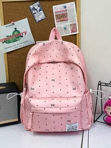 1pc Pink Nylon Casual Chic Bow Dot Print All-Over Cartoon Letter Patch Drawstring Multi-Pocket Large Capacity Foldable Water-Resistant Smooth Zipper Backpack (No Plush Pendant Plush Badge), Suitable For Spring/Summer Hot Selling, Suitable For High School Students, Versatile Use For School, Commute, Outdoor Travel, Also Can Be Used As Holiday Gifts, Can Hold Books, Pencil Case, Cosmetic Bag, Cosmetic Box, Suitable For Family, Gifts, Vacation - Pink - View 4