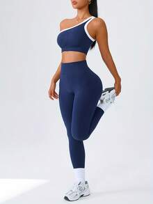 Women's New Hot  Workout Sets Yoga Outfit - One Shoulder Strappy Sports Bra & Seamless Plain Leggings, Tummy Control Thigh-Hugging Design, Soft Non-Pilling Fabric, Fall Winter Gym Running Fitness - Màu xanh hải quân - Xem 5