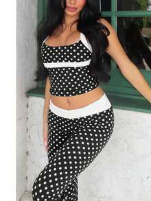 Completo casual da donna a pois, adatto per strada, vacanza, festa, primavera/estate, colore nero - nero - Visualizzare 1