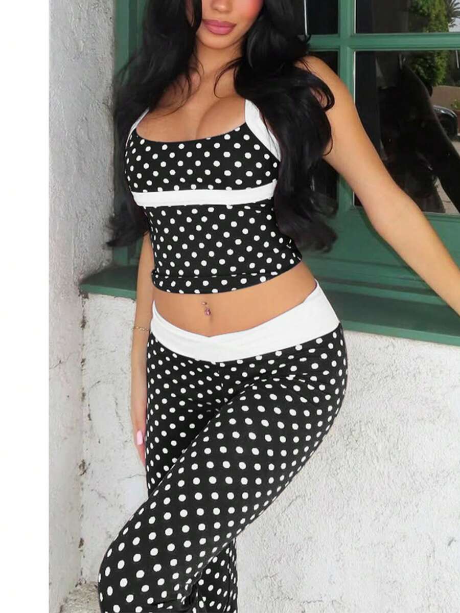 Completo casual da donna a pois, adatto per strada, vacanza, festa, primavera/estate, colore nero - nero - Visualizzare 1