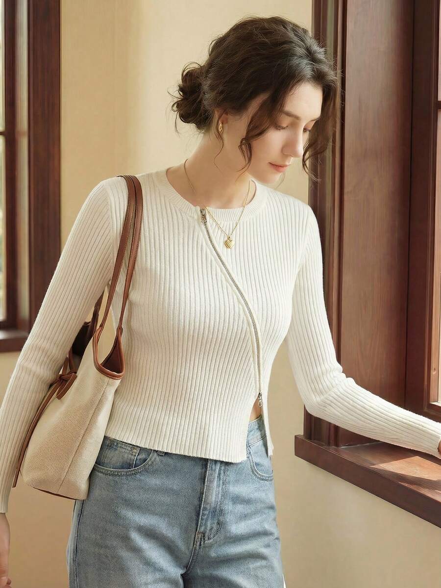 Knit Mix Cárdigan con cremallera tejido de canalé - Blanco - Ver 1