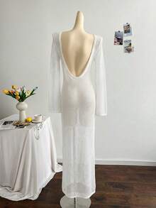 Women's Sexy Knitwear Long Sleeve Semi-Sheer Maxi Cover Up Dress For Beach Vacation - White - View 6