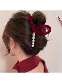 1件装女士黑色植绒一体式大号仿珍珠水晶亚克力鲨鱼爪发夹，时尚休闲简约优雅新款，适合日常外出、聚会、约会等场合。