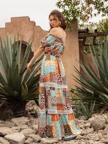 Faeriesty 优雅女士露肩拼接长款连衣裙：波西米亚风印花连衣裙，泡泡袖，荷叶边下摆，收腰设计，轻盈蕾丝饰边——完美适用于花园婚礼、新娘写真、私奔、浪漫之旅、波西米亚主题夏季活动 - 彩色 - 查看 3