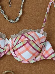 Ladies' Pink Plaid Ruffled Edge Steel Ring Bikini Two Pieces Set With Sweet Girl Style Swimsuit,Set Beach Summer Spring 2026 - Multicolor - View 3