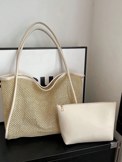 2 piezas Bolsos de paja de gran capacidad de primavera, Nuevos bolsos de moda de hombro tipo tote para mujeres 2026, Adecuados para viajes y salidas