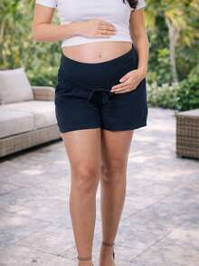 Short maternidad premamá embarazo embarazada mujer dama pantalón corto tipo short tela manta 100% algodón natural pretina alta para pancita ajuste elástico con cordón cómodo suave fresco transpirable ligero casual diario hogar descanso playa salida outfit verano primavera uso diario holgado crecimiento pancita prenatal posparto primavera verano otoño invierno - Azul Marino - Ver 1