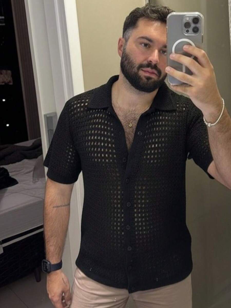 Knit Shirt Summer Regular Fit Knit Fabric Buttons At The Front Beach Button For Going Out Valentine's Day Pride Month Teacher's Day Carnival - màu đen - Xem 1