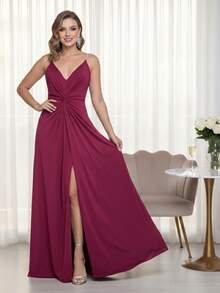 Elegant Women's Long Dress For Bridesmaids, Wedding Guests, Graduations, Birthday Parties, 15th Birthday, Straps, Rhinestones, Padded Cups, Slit, Lined Fabric - 瑪薩拉紅 - 查看 5