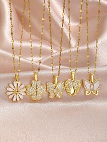 1pc Delicate Elegant Light Luxury Openable Flower/Four-Leaf Clover/Butterfly/Heart Pendant Necklace With Stainless Steel Chain As Daily Wear Jewelry Accessory Gift