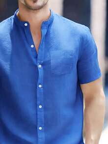 Áo sơ mi nam tay ngắn thoải mái, kiểu dáng cổ điển retro, dáng ôm vừa vặn. - Màu xanh lam - Xem 4