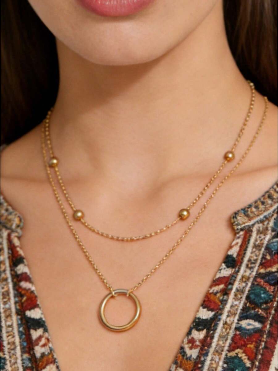 1件套女士时尚双层项链套装，几何圆形优雅颈链首饰，适合情人节和约会佩戴 - 圓形的 - 查看 1