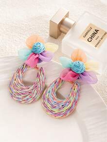 1 Pair Bohemian Vacation Style Earrings With Simple And Personalized Five-Leaf Flower+Circular Earrings, Handmade And Woven Grass Suitable For Women's Daily Wear - Multicolor - View 5