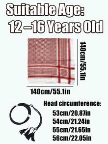 2件套儿童阿拉伯迪拜提花头巾+带流苏的沙特头带，沙特头饰，防晒，适合男孩和青少年 - 紅色 - 查看 6