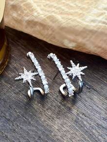 1 Pair Elegant High-Quality Pearl Starburst 925 Sterling Silver Stud Earrings, Fashionable Everyday Wear Cubic Zirconia Jewelry Gift For Women - Earrings - View 9