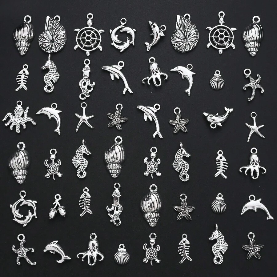 18/48pcs Bohemia Alloy Beach Charms Collection Pendant, Marine Sea Animal Life Sea Turtles, Starfish, Dolphins, Shells Nautical Charms Metal Pendant Craft Supplies For Jewelry Making Necklace Bracelet Earrings DIY Fashionable Mobile Phone Chain Crafts - Silver - View 1