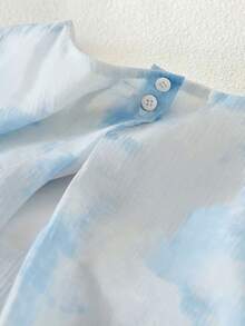 女士休闲圆领通勤雪纺褶皱扎染印花宽松腰A字连衣裙，夏季 - 藍白色 - 查看 7