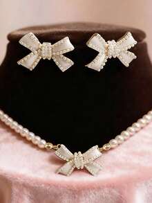 Set de 3/2/1 Collar y aretes elegantes de moño de perlas falsas, diseñado para mujeres, regalo ideal para la novia en el Día de San Valentín - Multicolor - Ver 6