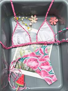 New Sexy Elegant Watermelon Print Adjustable Tie Back Bikini Swimsuit Set, Fashionable For Beach, Travel, Holiday, Party, Spring/Summer - Multicolor - View 2
