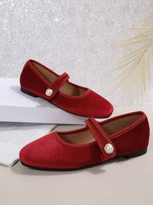 Sapatos femininos de bico quadrado, modelo Mary Jane, para primavera/outono, com tira e fivela de pérola sintética. Design minimalista e elegante em cores sólidas. - Vermelho - Ver 3