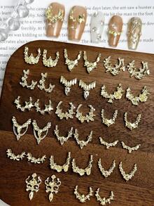 20 st slumpmässigt blandade gyllene nagelberlocker i 3D-legering fransk nagelborr med platt botten och diamanter i fransk stil, nagelkonsttillbehör DIY - Guld - Visa 1