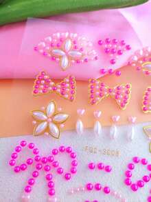 1张粉色珠光蝴蝶结花朵闪亮水钻DIY面部贴片，自粘式，适用于新娘送礼会、下午茶派对和柔美妆容，可重复使用，闪亮水钻，适合女性和可爱DIY美妆爱好者。 - 彩色 - 查看 5