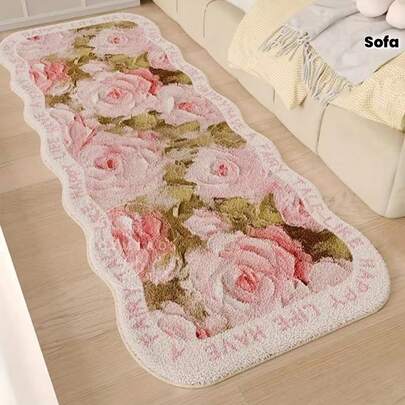 1pc Pink Floral Living Room Floor Mat, Bedroom Decor, Home Casual Carpet, Decorative Rug, Bedroom Decor, Small Rug, Carpet, Home Decor, Living Room Carpet, Living Room Small Rug, Bedroom Carpet, Living Room Home Decor, Outdoor Rug, Plush Carpet, Fuzzy Carpet, Autumn/Winter Carpet, Thick/Plush, Washable Carpet