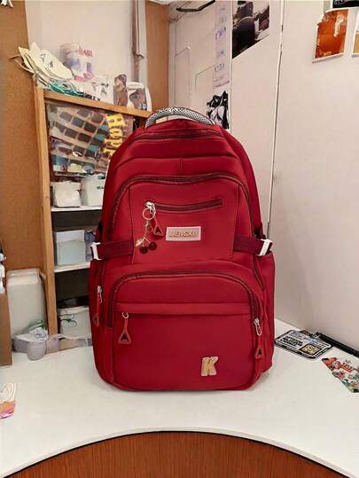 1 pieza Mochila de gran capacidad y estilo (con colgante de cereza) - Mochila escolar/de viaje casual para estudiantes, adecuada para almacenar libros en el aula, llevar en salidas diarias, organizar la oficina y los viajes cortos (escritorio del campus, compras diarias, viajes a la oficina, viajes cortos), almacenamiento de útiles escolares, organización de artículos personales diarios, organización de documentos de oficina, empaque ligero para viajes