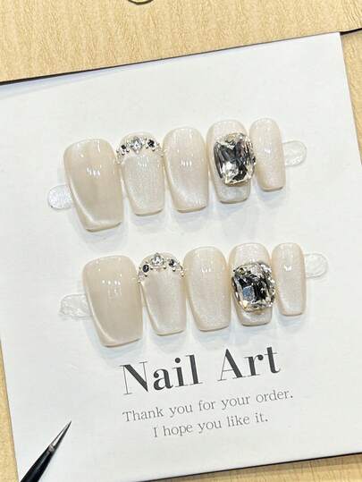 10pcs Handmade Nails Coffin Nails Press On Nails Short, Elegant White Nails, Flashy Cateye, Nail Gems Large RhineStone Diamond Inlaid, Simple Elegant Luxury Autumn Nails, Fall Press On Nails, Versatile Nails DIY False Nail Art Party Daily & Dating Use Beach Tropical Getaway Suitable Reusable, For Women & Girls As Gift Nail Supplies-Random Cardstock