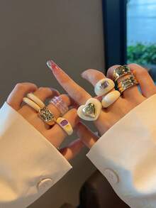 女款時尚個性戒指組，多色多款可選，熱銷多彩透明粉色橘色紫色藍色綠色黃色深紅色米色棕色玫瑰紅彩色寬面心形水鑽大戒指，3/4/5/6/7/8/9/10/11/12件組 - 彩色 - 查看 43