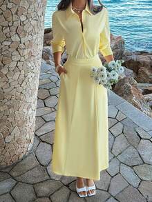 Unadoll Women's Half-Open Collar Button Design Waist Elegant Dress, Suitable For Dates, Outings, Thanksgiving, Commuting, Christmas And Other Occasions - Yellow - View 7