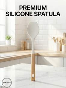 This White Silicone Flat-Head Soup Spoon Has A Soft Surface That Won't Scratch Cookware. It's Suitable For Serving Soup, Porridge, And Rice. The Spoon Is Made Of Silicone With A Wooden Handle That Feels Warm To The Touch And Won't Get Hot. The Bottom Of The Spoon Has A Hanging Hole For Easy Storage, Making It A Practical Tool For Daily Cooking And Serving In The Kitchen. - Multicolor - View 8