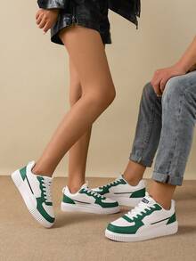 [Leather Skate Shoes] 36-45 White & Green Leather Men's Skate Shoes - Women's Casual Shoes - Comfortable Low-Top, Durable Rubber Sole, PU Lining - Casual Lace-Up Low-Top Sneakers - Green - View 2