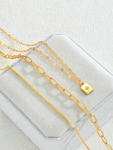 3pcs Fashionable Checkered Paperclip Box Chain Necklace With Sparkling Rhinestone Rectangle Pendant - Yellow Gold - View 3