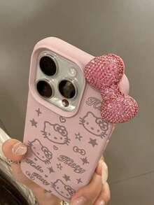 Funda de teléfono Sanrio 3D con strass de Kitty, compatible con Apple 14/13 Pro Max, textura de cuero, 12 diseños creativos de cobertura completa para protección de teléfono - Rosa - Ver 3