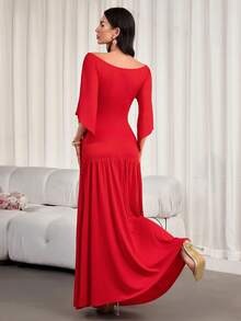 This Elegant, Stylish New Pure Red A-Line Dress Features A Large Collar, Irregular Sleeves, And Pleated Knitted Panels - Perfect For Graduation Parties, Holiday Events, Dates, And Other Occasions.