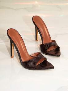 Giày sandal cao gót nữ mùa Xuân/Hè mới, thanh lịch, thoải mái, thời trang, gợi cảm, chất liệu da bóng, nhiều màu sắc, mũi nhọn, họa tiết da cá sấu dập nổi. - Màu Đỏ Sâu - Xem 2