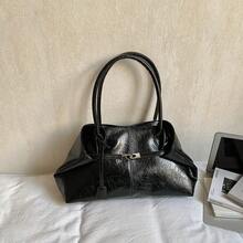 1个女士大容量手提包，PU皮革单肩包，休闲经典简约设计师商务风格包，时尚女士通勤包，黑色、白色、棕色、银色 - 黑色 - 查看 8