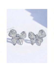 1 Pair Of Copper Inlaid Cubic Zirconia Bowknot Earrings - 銀色 - 查看 1