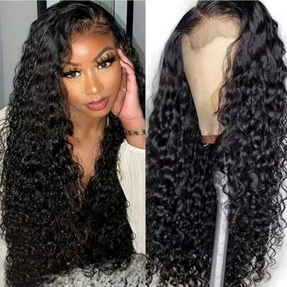 Natural Black Deep Curly 13x4 Transparent Lace Front Wig Short Bob Curly Hair 180% Density Heat Resistant Synthetic Mixed Human Blended Hair Wig With Baby Hair For Women 12Inch-34Inch Pre Plucked Hairline Invisible Knots
