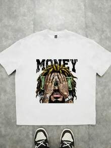 Men's T-Shirt, Casual Loose Fit, Street Hip-Hop Dollar Sign Pattern T-Shirt, Casual Short-Sleeved Crewneck Top, Machine Washable, Suitable For All Seasons, Comfortable To Wear, Unique Pattern T-Shirt, Fit And Comfortable. Loose Fit, Casual Clothing, Top, Men's T-Shirt, Halloween, Casual, Christmas - 白色 - 查看 3