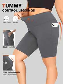 Plus Size High Waist Women Sports Shorts With Pockets, Waist & Abdomen Slimming, Butt Lifting - Dark Grey - View 3
