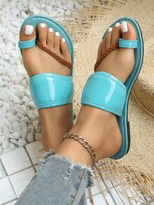 2026 New Turquoise Green Woven Flat Sandals, Glossy Thong Slippers, Minimalist Summer Beach & Daily Comfortable Shoes - Baby Blue - View 3