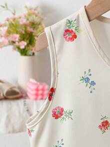 2件套女童夏季无袖V领荷叶边上衣和碎花裤休闲套装 - 杏色 - 查看 4