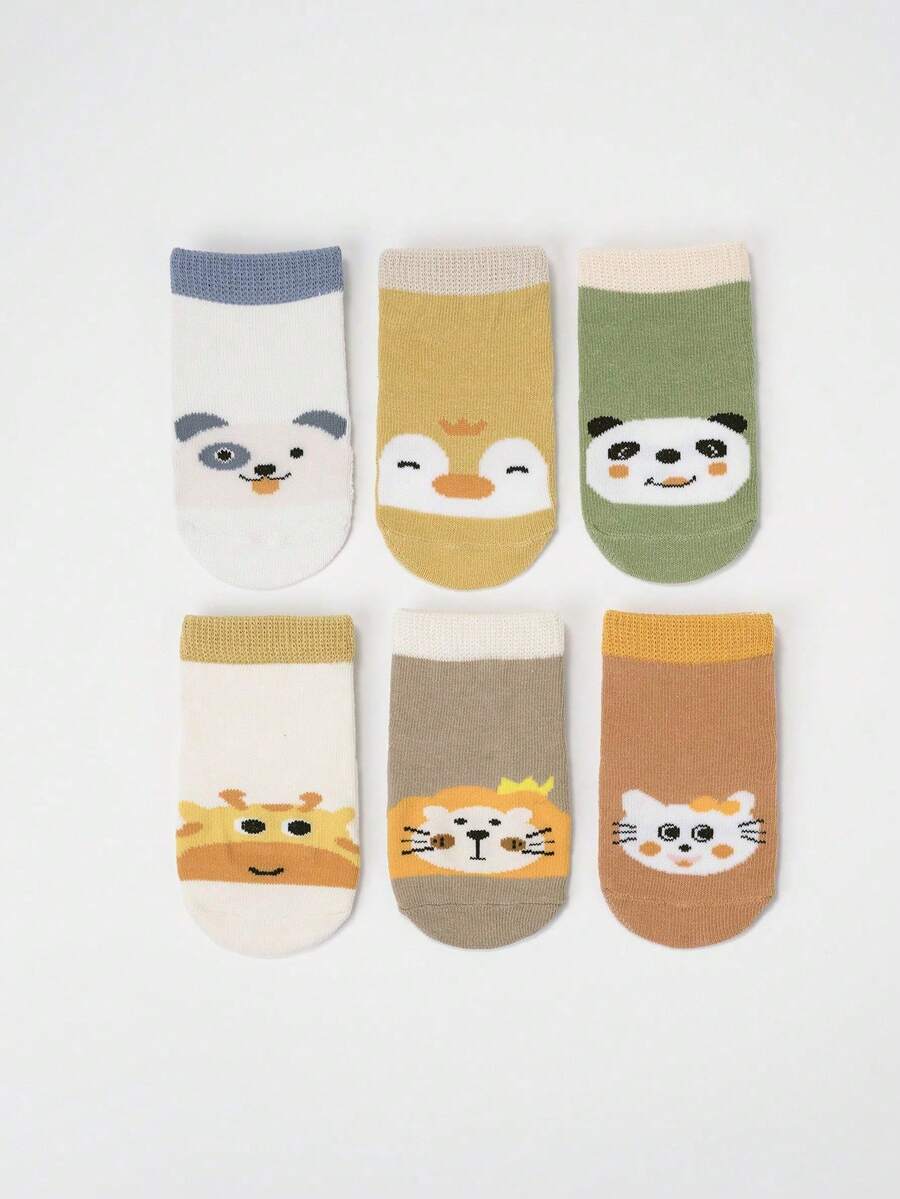 6双卡通动物头像婴儿/幼儿防滑船袜，带防滑点 - 彩色 - 查看 1