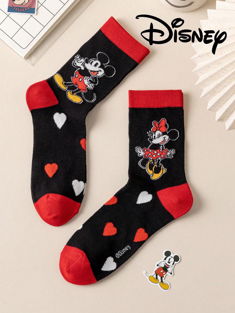Disney 两双正品女士爱心刺绣袜子，绣有可爱的米奇一家卡通爱心图案，男女皆宜，趣味十足，适合各种场合，高品质礼品袜 - 彩色 - 查看 1
